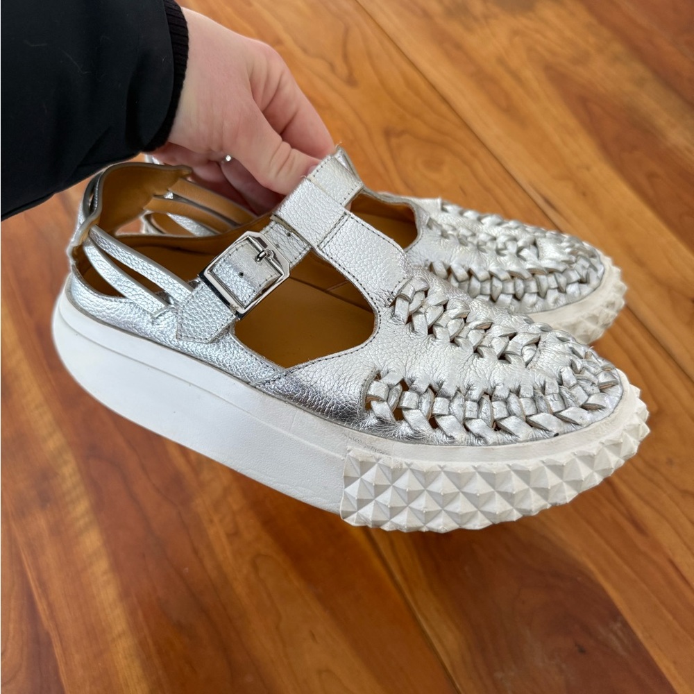 4ccccees Silver Leather Woven Sandals